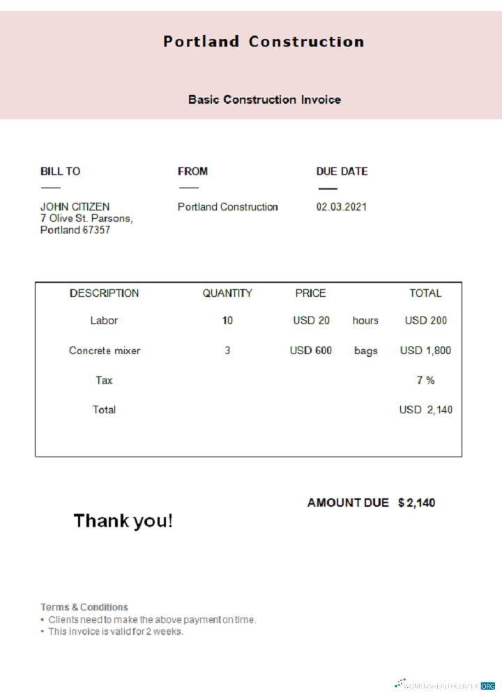 Download USA Portland Construction invoice Photoshop template